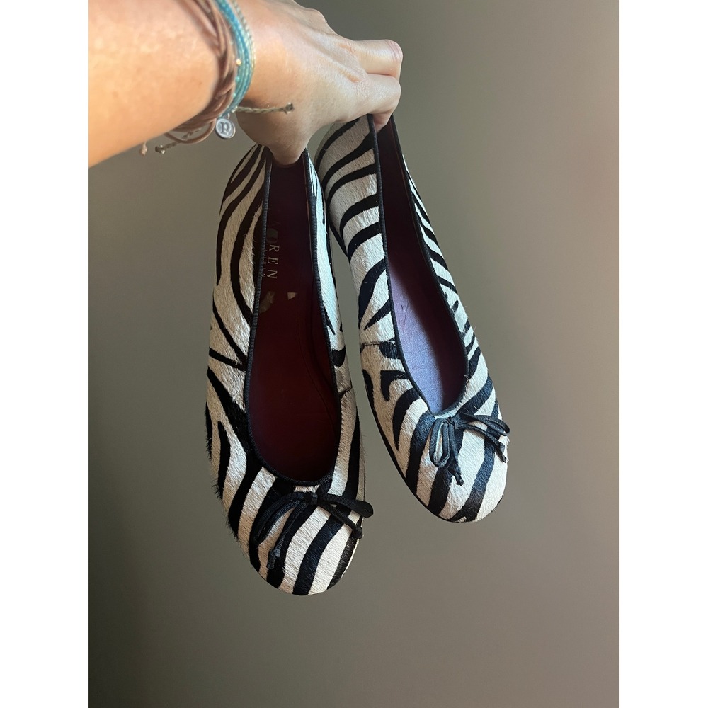 Ralph Lauren Calf Hair Ballet Flats 7.5 Zebra Print Monochrome Preppy Chic Paris